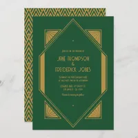 Emerald Green & Old Gold Art Deco Wedding Photo Invitation