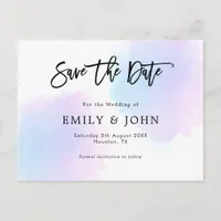 Blue/Lilac Watercolor/Script Wedding Save The Date Postcard