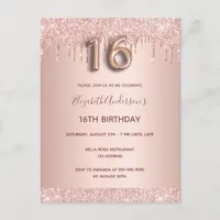 16th birthday rose gold glitter pink invitation postcard