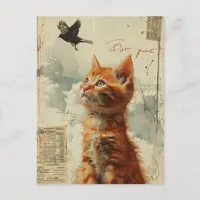 Adorable Ginger Kitten With Black Bird Mixed Media Postcard