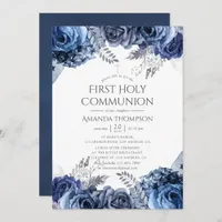 Navy, White and Silver Floral First Holy Communion Invitation
