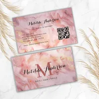 Luxury Pink Gold Marble Agate Monogram QR Code  Business Card