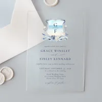 Elegant Watercolor Beach Monogram Wedding Crest Acrylic Invitations