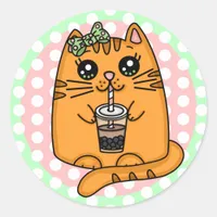 Kawaii Style Kitty Cat with Bubble Tea Classic Round Sticker
