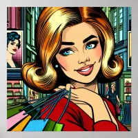 Retro Lady with Shopping Bags Mid Century Poster