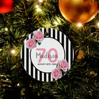 70th birthday pink florals black stripes name ceramic ornament