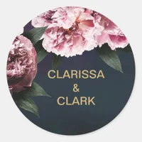 Chic Pink Peony Couples Names Wedding Envelope  Classic Round Sticker