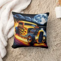 Classic hot rod racing under a full moon throw pillow