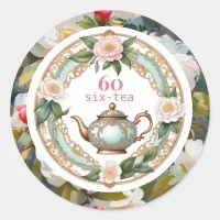 60th Birthday Sixty Tea Lover Teapot Leaf Floral Classic Round Sticker