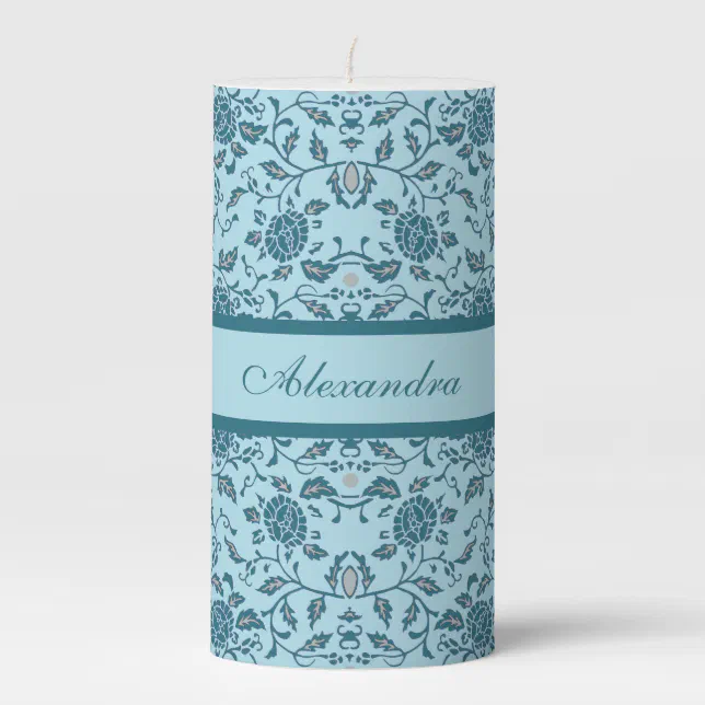 Elegant Flowery Teal Damask Pillar Candle