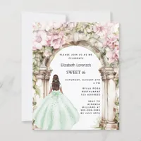 Green pink florals arch Sweet 16 invitation