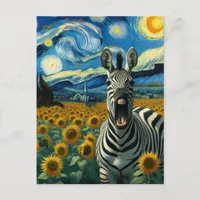 Funny Zebra in faux Van Gogh Sunflower Field Postcard