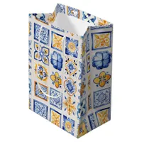 Blue White Yellow Tiles Pattern Wine, Small, Medium Gift Bag