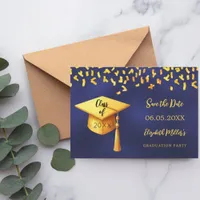 Navy blue gold cap confetti Graduation Party Save The Date