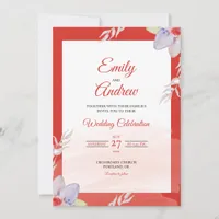 Red Border Leaf Elegant Floral Watercolor Wedding Invitation