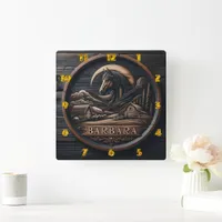 Wooden Carving Featuring Horse and Barn Landscape Square Wall Clock