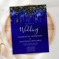 Elegant Black Blue Glitter Drips Wedding Invite