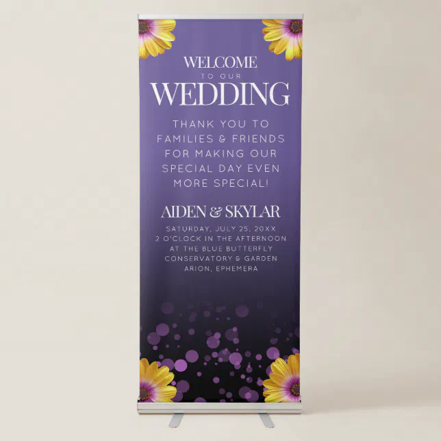 Elegant Daisies Purple Glitter Welcome Wedding Retractable Banner