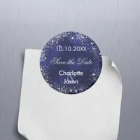 Navy blue silver wedding Save the Date magnet