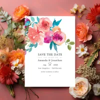 Coral and Fandango Floral Wedding Photo Save The Date