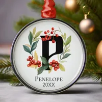 Monogram Initial Letter P Berry Wreath Christmas Metal Ornament