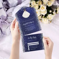 Navy blue silver dress glitter birthday rsvp all in one invitation