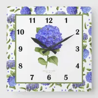 Blue Hydrangea Botanical Art Square Wall Clock