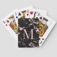 Luxury Black Marble Rose Gold Foil Monogram Poker Cards