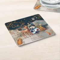 Enchanted Winter Wonderland  Snowmand & Deer Square Paper Coaster