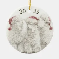 Dated Angora Goat  Trio Santa Hat Christmas Ceramic Ornament