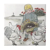 Vintage Girl With Chickens, E is an Egg Tile