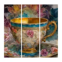 Gorgeous Teacup Mixed Media Painting Triptych