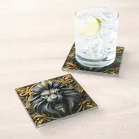 Golden Lion Head with Intricate Detailing Glass Coaster