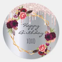 Birthday silver blush flitter drips floral classic round sticker