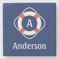 Navy Blue Nautical Lifesaver Monogram Stone Coaster