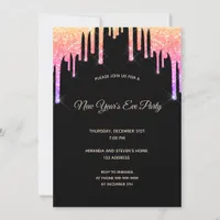 New Years Eve party rainbow glitter black purple Invitation