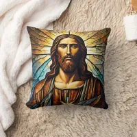 Jesus Portrait With Golden Aura in Stained Glass Throw Pillow