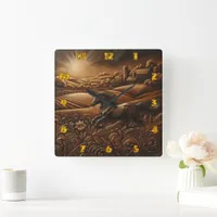 'Horse Galloping on Sunrise Hills' Square Wall Clock