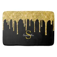 Gold Glitter Drips Sparkle Black Monogram Name Bath Mat