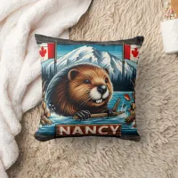 Beaver With Stick by Canadian Flags Throw Pillow