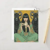 Woman Drinks Tea With Two Black Goats Postcard