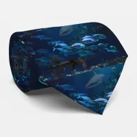 Sharks and School of Fish in Blue Ocean Necktie