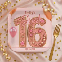 Glam Blush and Rose Gold Sparkle Sweet Sixteen  Paper Plates