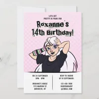 Pretty Punk Cartoon Teen Girl 14th Birthday Invitation