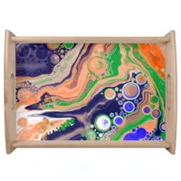Blue, Coral and Green Pour Painting Fluid Art   Serving Tray