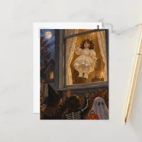 Spooky Haunted Victorian Doll Waving Halloween Postcard