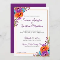 Purple Turquoise Orange Floral Watercolor Wedding Invitation