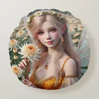 Beautiful November Fairy in Chrysanthemums Round Pillow