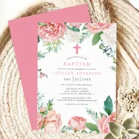 Elegant Pink Peonies Cross Botanical Baptism Invitation