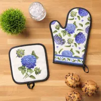 Blue Hydrangea Flower Botanical Art Oven Mitt & Pot Holder Set